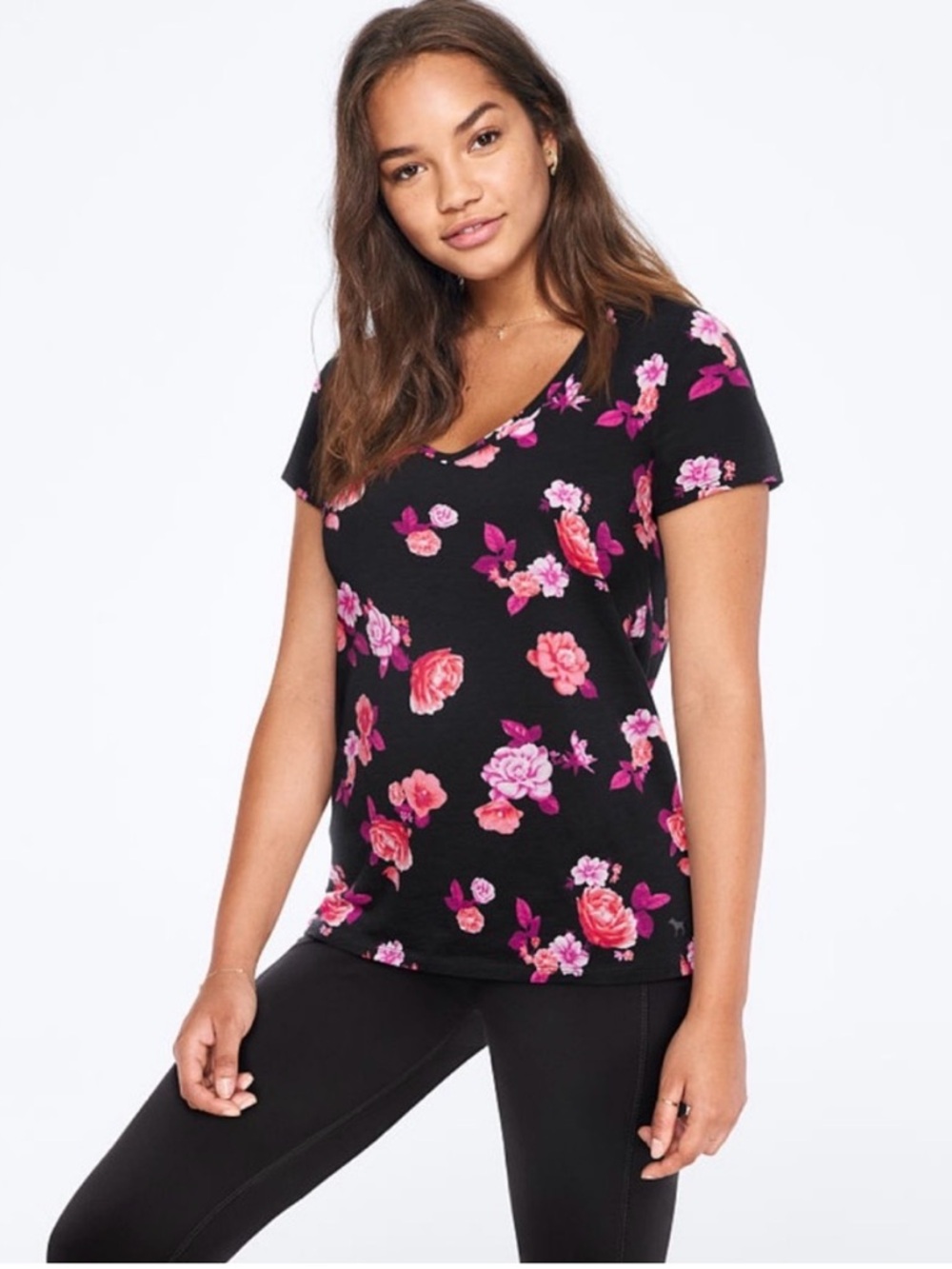 VS Black Floral V-Neck Short Sleeve Top